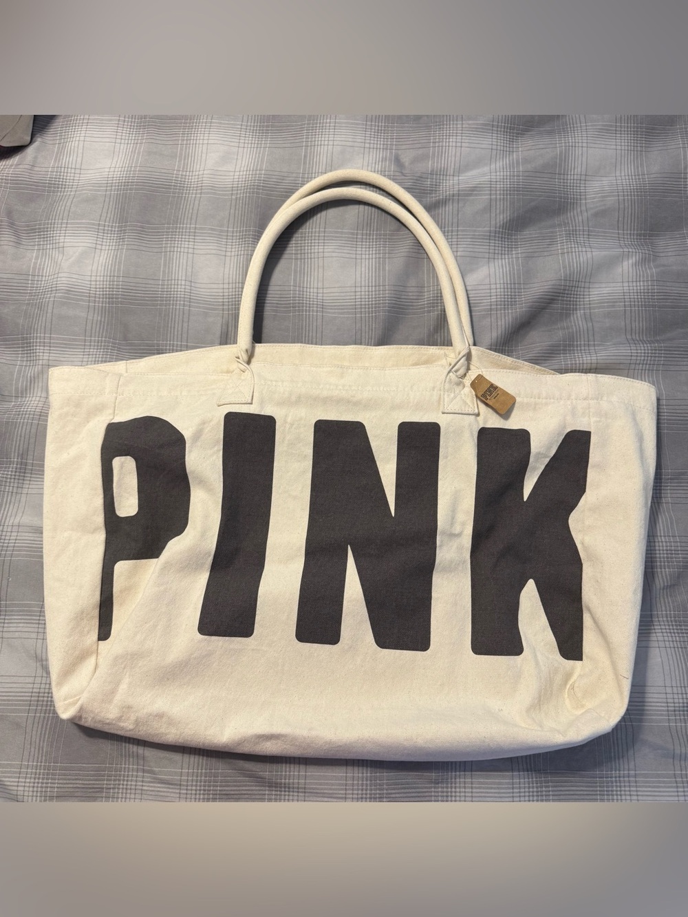 PINK Victoria's Secret Cream Canvas Tote with Black Logo